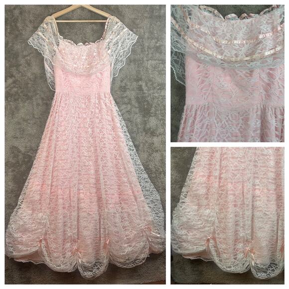 Vintage 80s Pale Pink Lace Off Shoulder Full Skirt Prom Dress Prairie Cottage - Picture 1 of 14